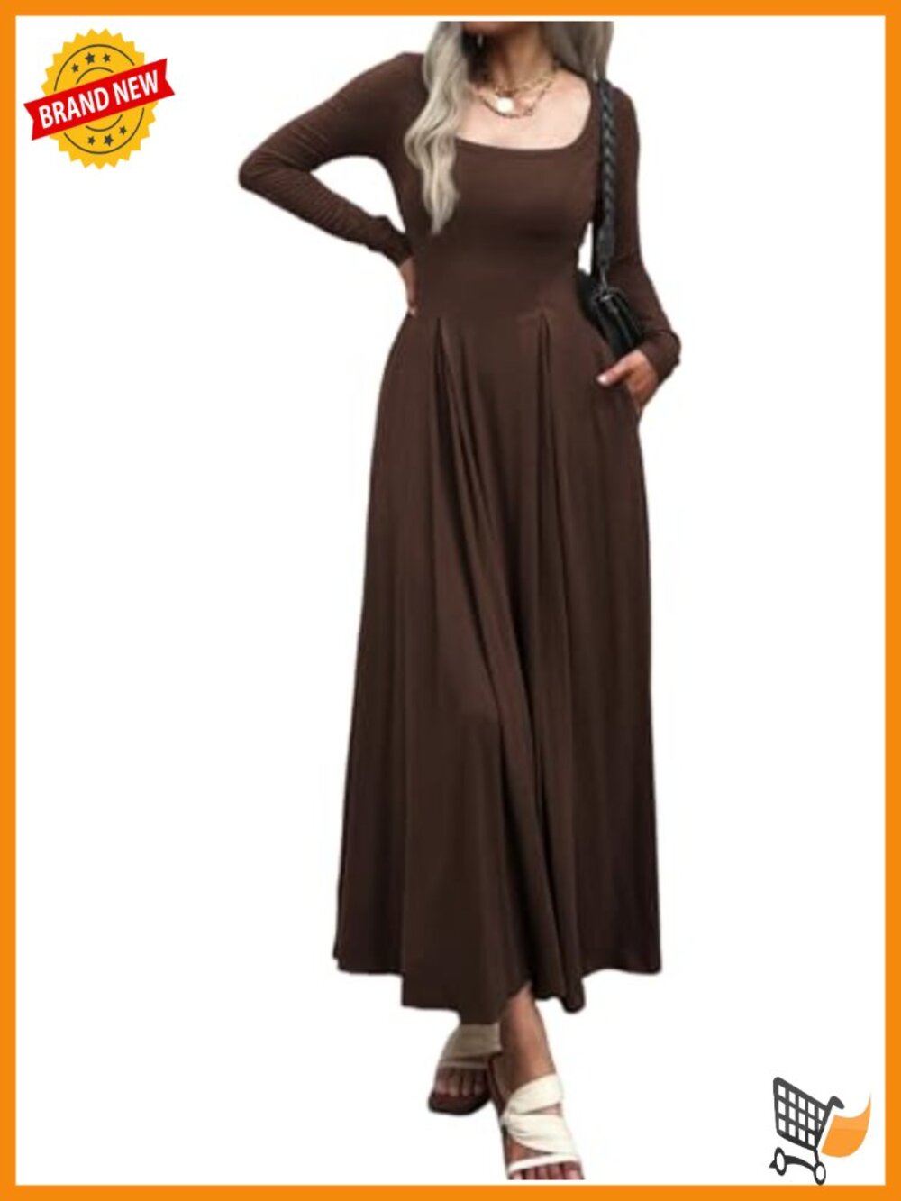 Women Long Sleeve Square Neck Maxi Pleated Dress with Pockets